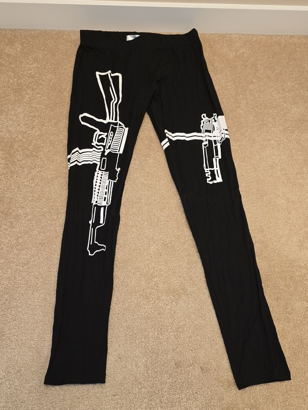 Lotus Leggings Black Leggings with White Gun Graphic